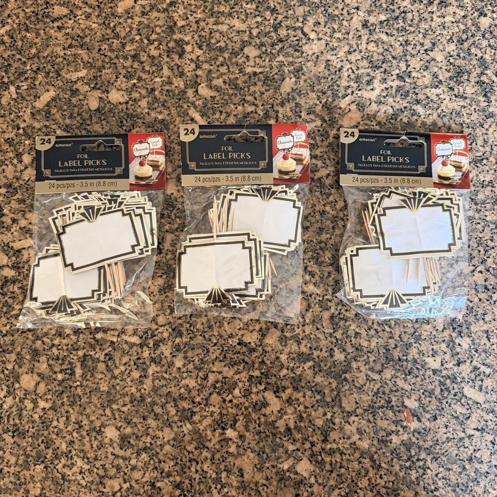 Amscan Foil‎ Label Picks Set Of 3 Packs 72 Gold Art Deco Food Flags 3.5 In Party